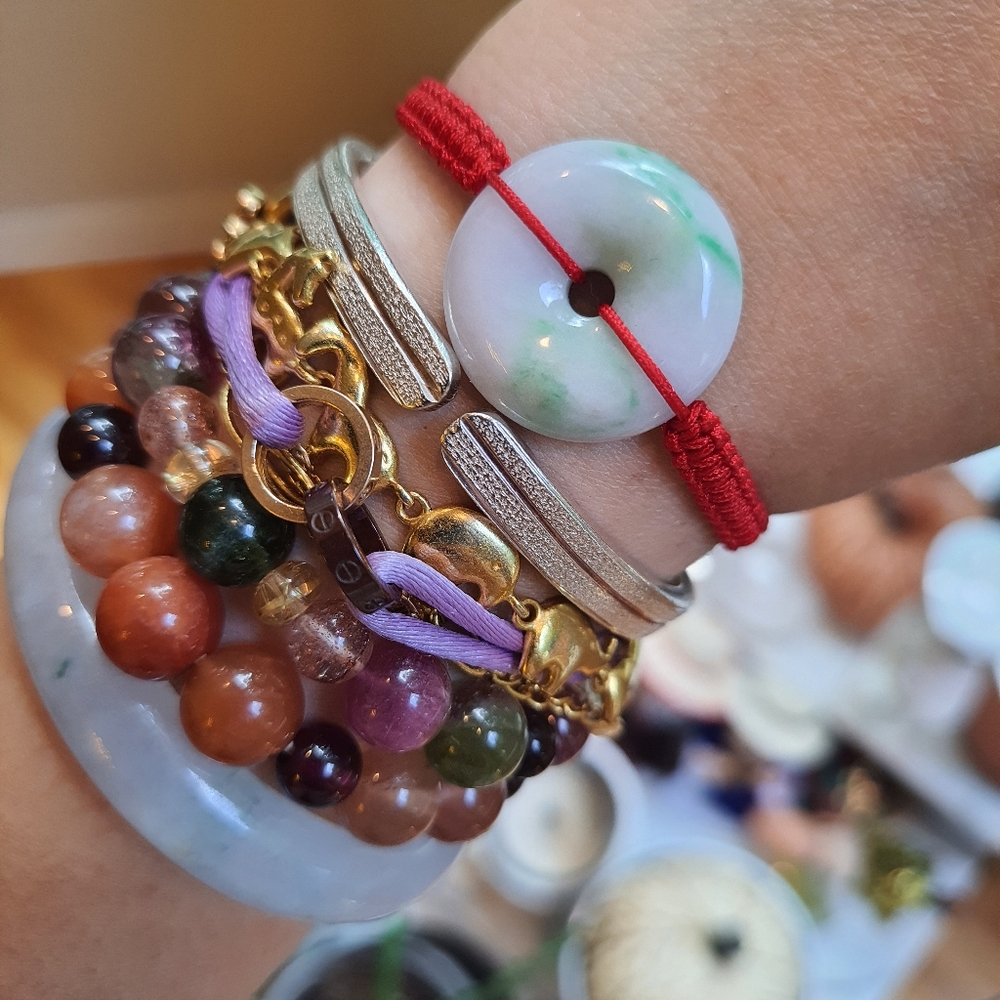Natural Burmese Jadeite Donut Charm Red String Bracelet - Picture 4 of 8